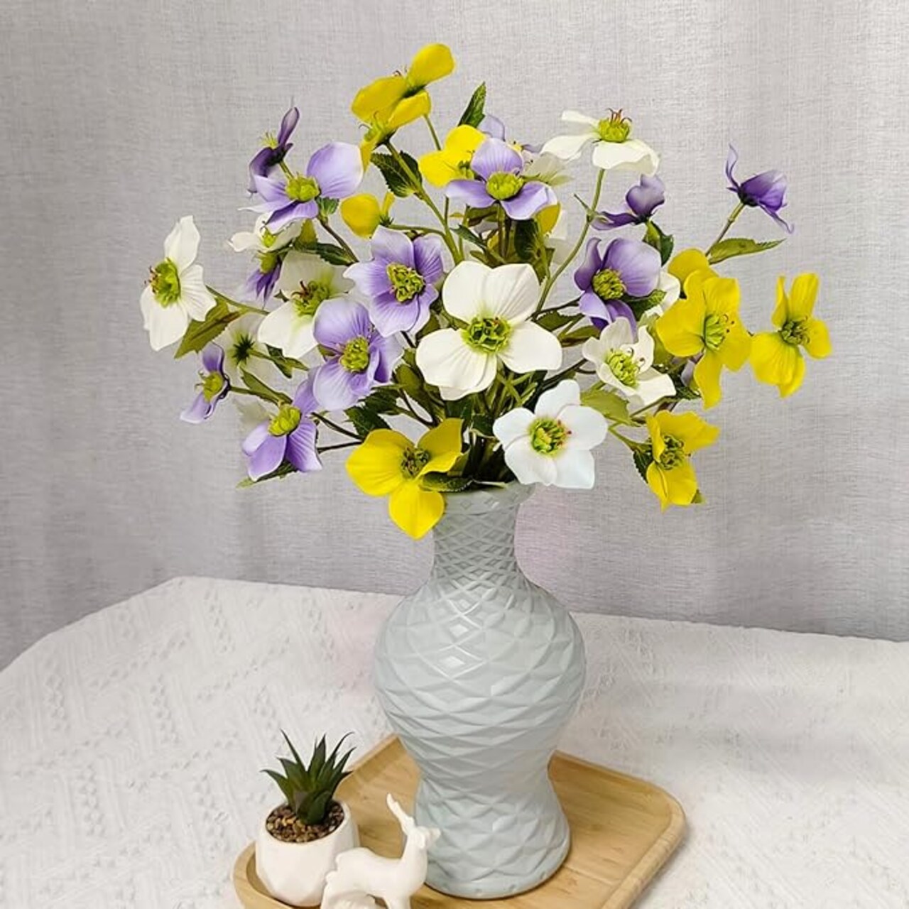 8PCS Artificial Anemone Flower White Purple Yellow Realistic Faux Poppy Flowers with Stems 19" Silk Mixed Spring Floral Arrangement Fake Wildflowers for Home Wedding Decor Indoor